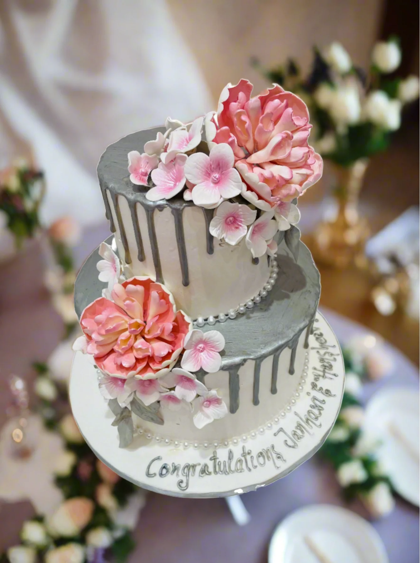 Silver & Pink Floral Wedding Cake - Image 7
