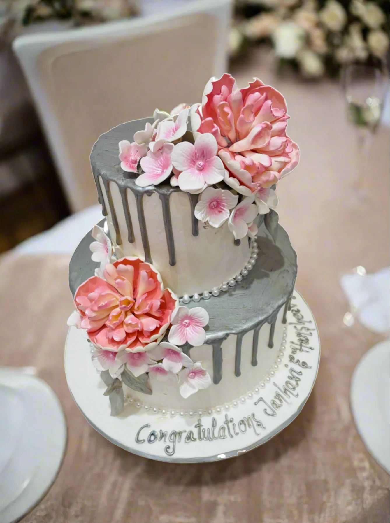 Silver & Pink Floral Wedding Cake - Image 8