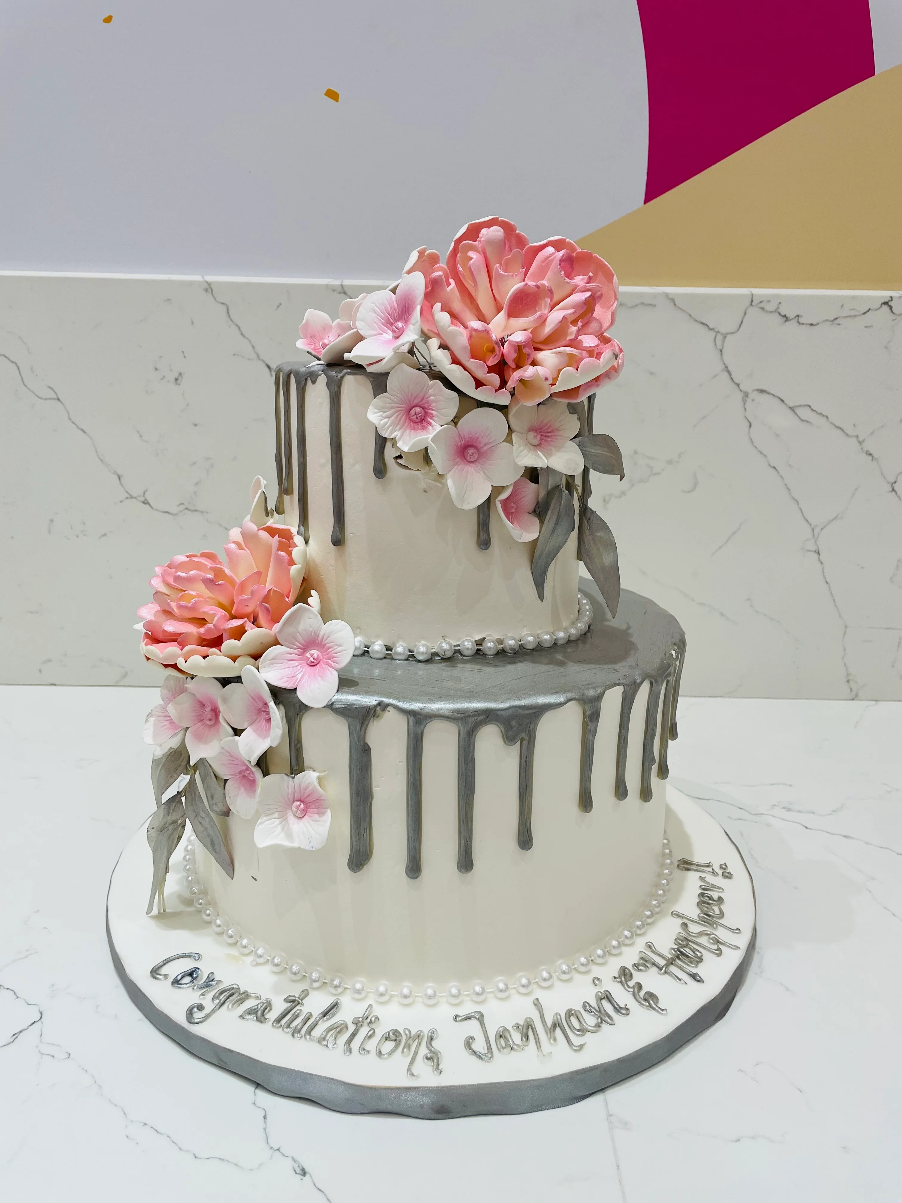 Silver & Pink Floral Wedding Cake - Image 9
