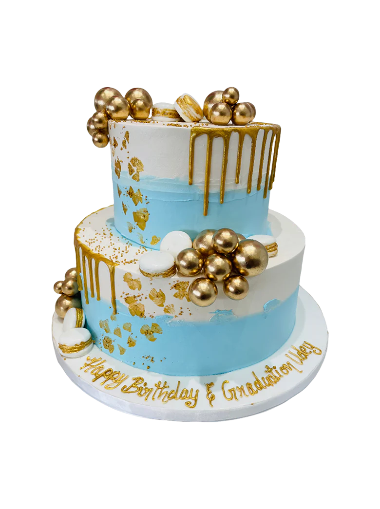 Sky Blue & Gold Cream Tiered Cake