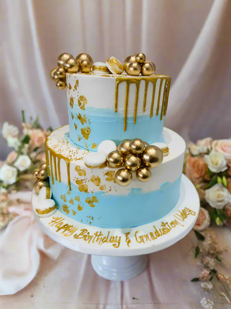 Sky Blue & Gold Cream Tiered Cake - Image 2