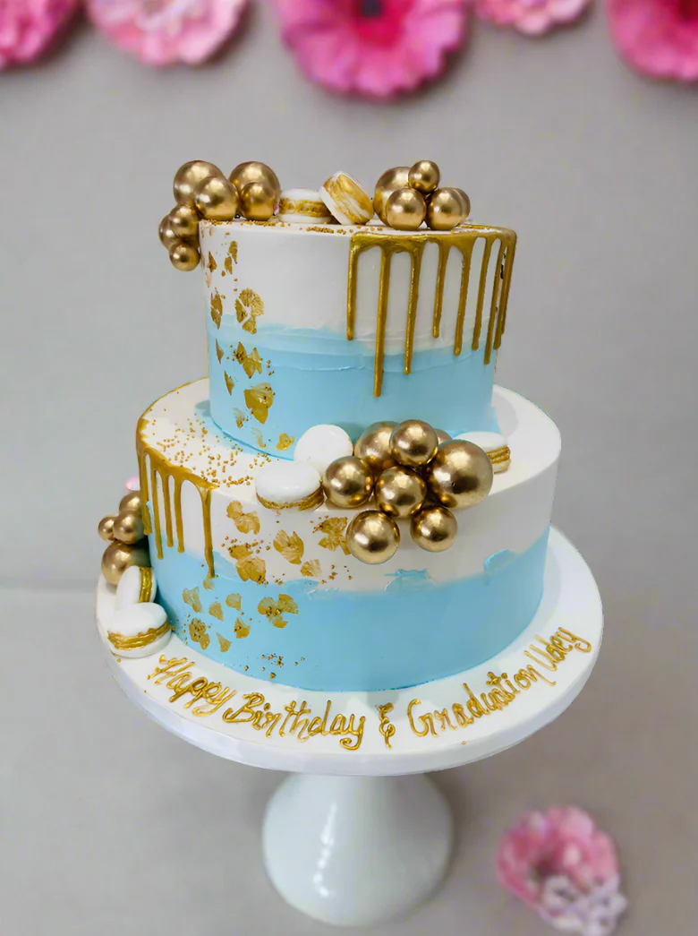 Sky Blue & Gold Cream Tiered Cake - Image 3