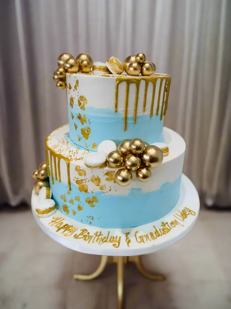 Sky Blue & Gold Cream Tiered Cake - Image 4