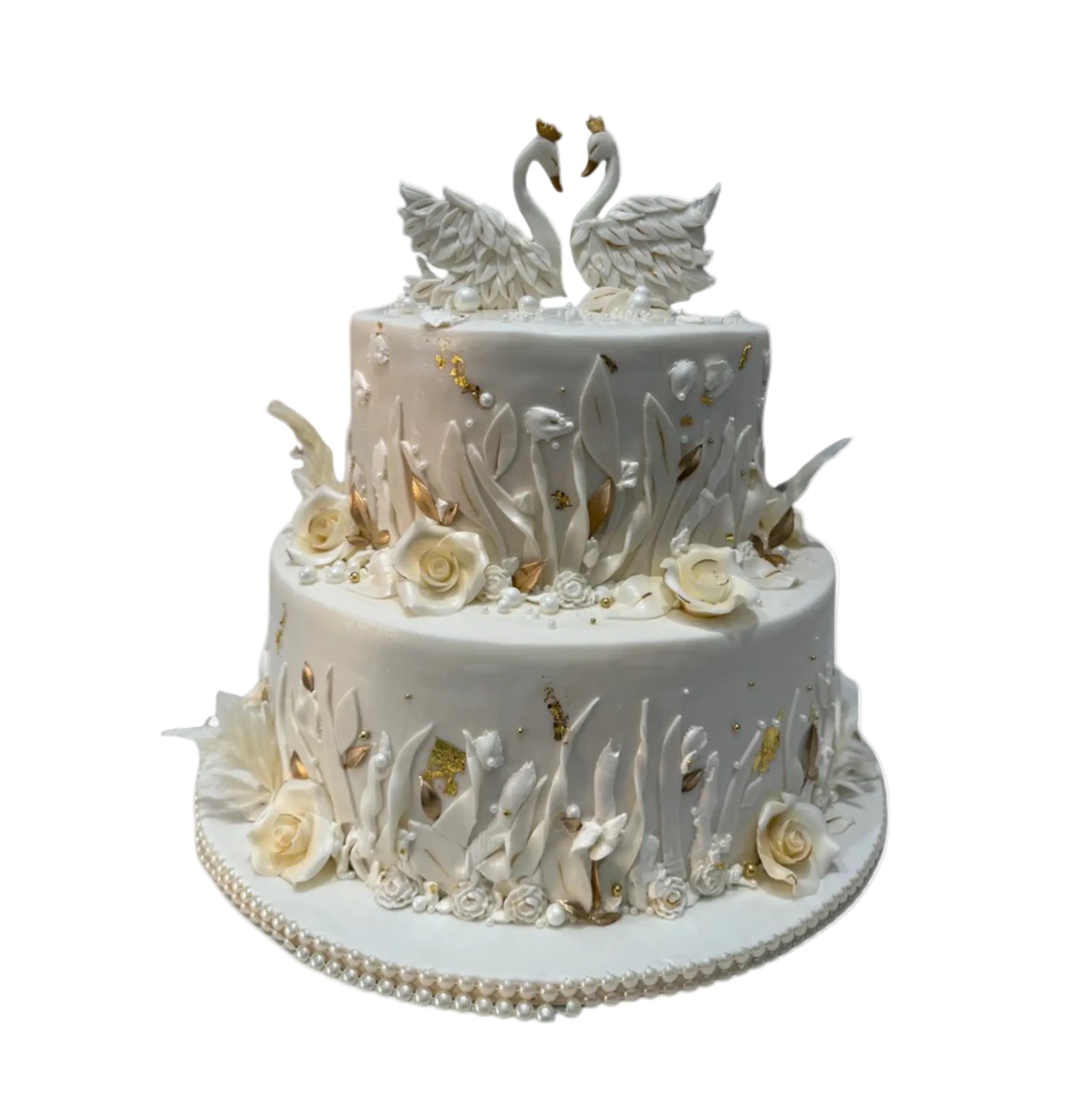 Swan White & Gold Fondant Tiered cake