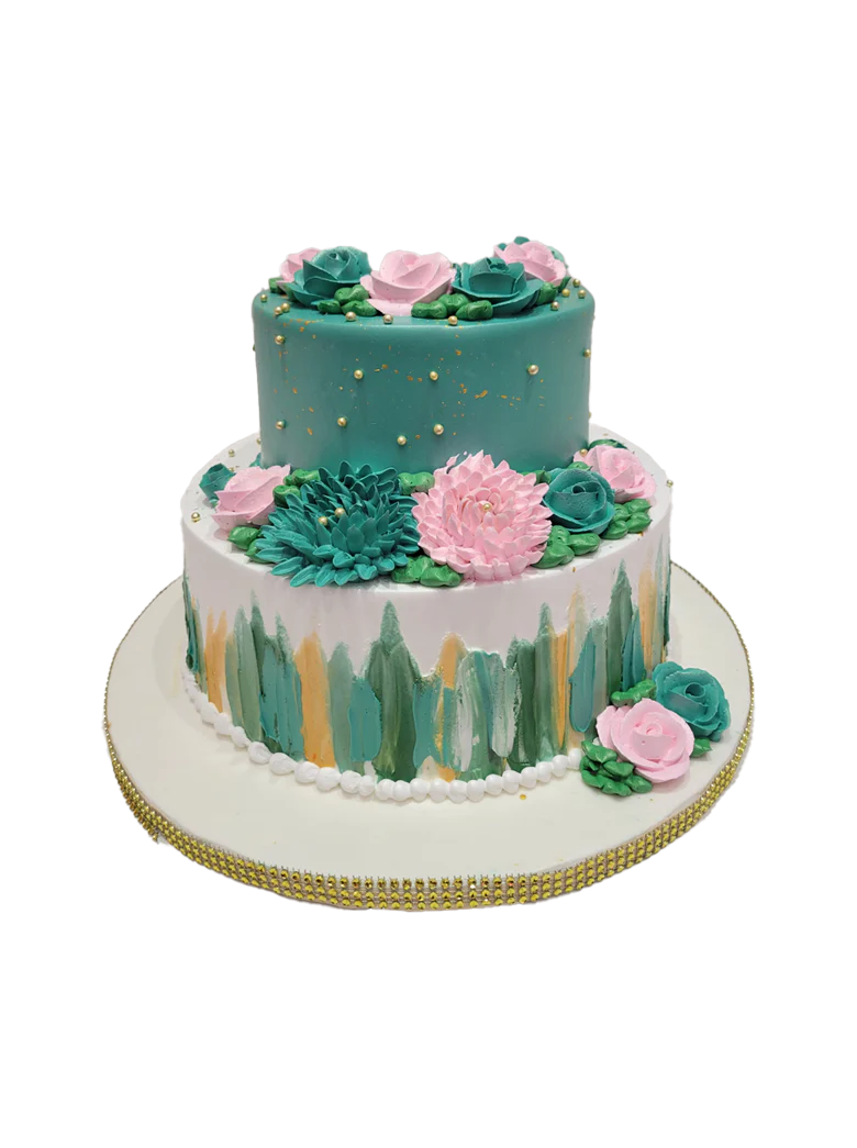 Teal And Pink Tiered Cream Cake