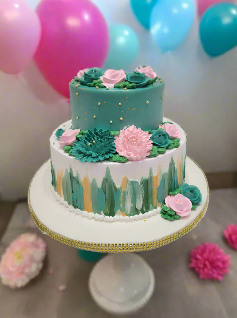 Teal And Pink Tiered Cream Cake - Image 2