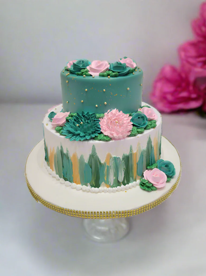 Teal And Pink Tiered Cream Cake - Image 4