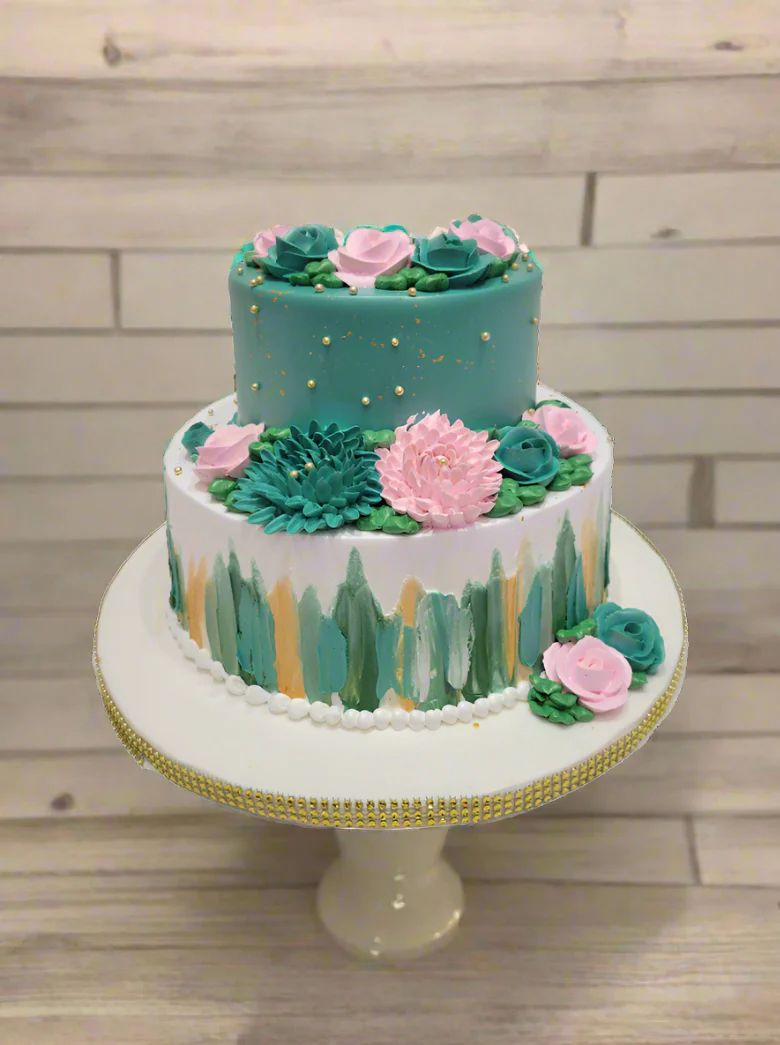 Teal And Pink Tiered Cream Cake - Image 5