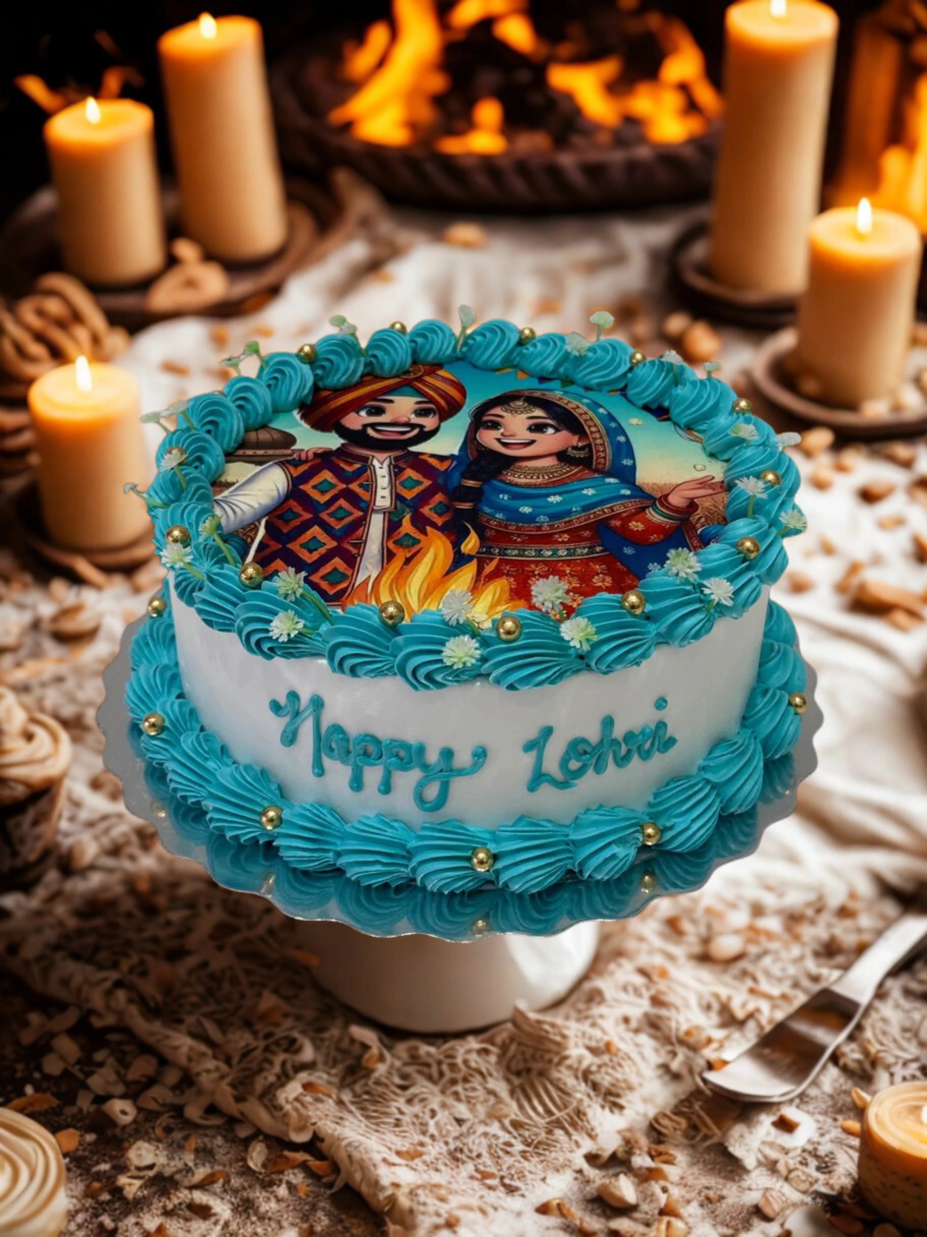 Teal Lohri Photo Cake - Image 4