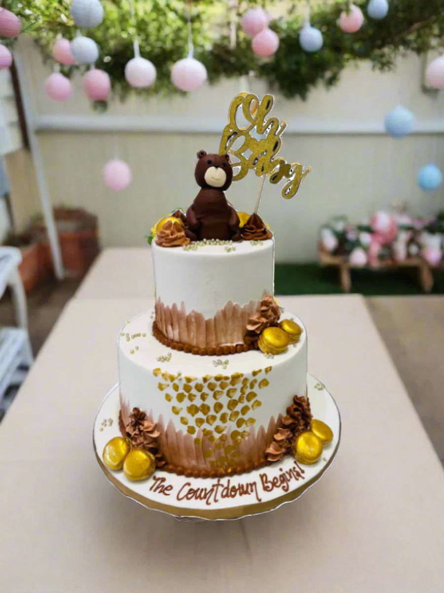 Teddy Bear & Macarons Cream Tiered Cake - Image 2