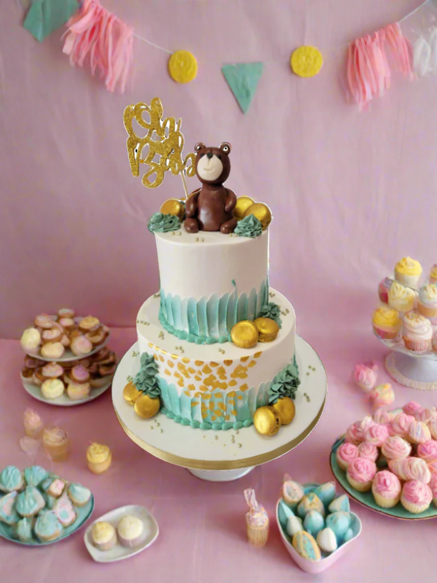Teddy Bear & Macarons Cream Tiered Cake - Image 6