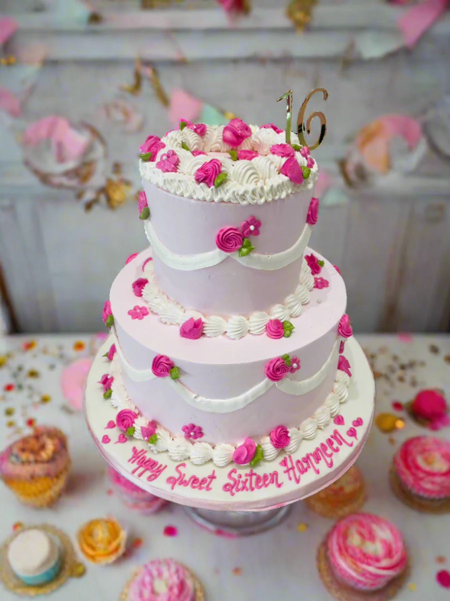 Vintage Pink Tiered Cream Cake - Image 2