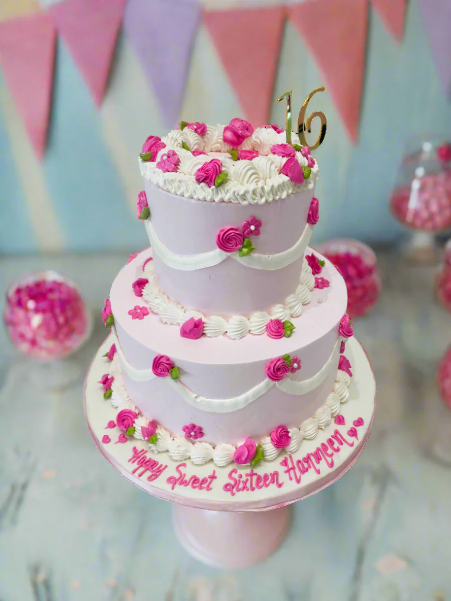 Vintage Pink Tiered Cream Cake - Image 3