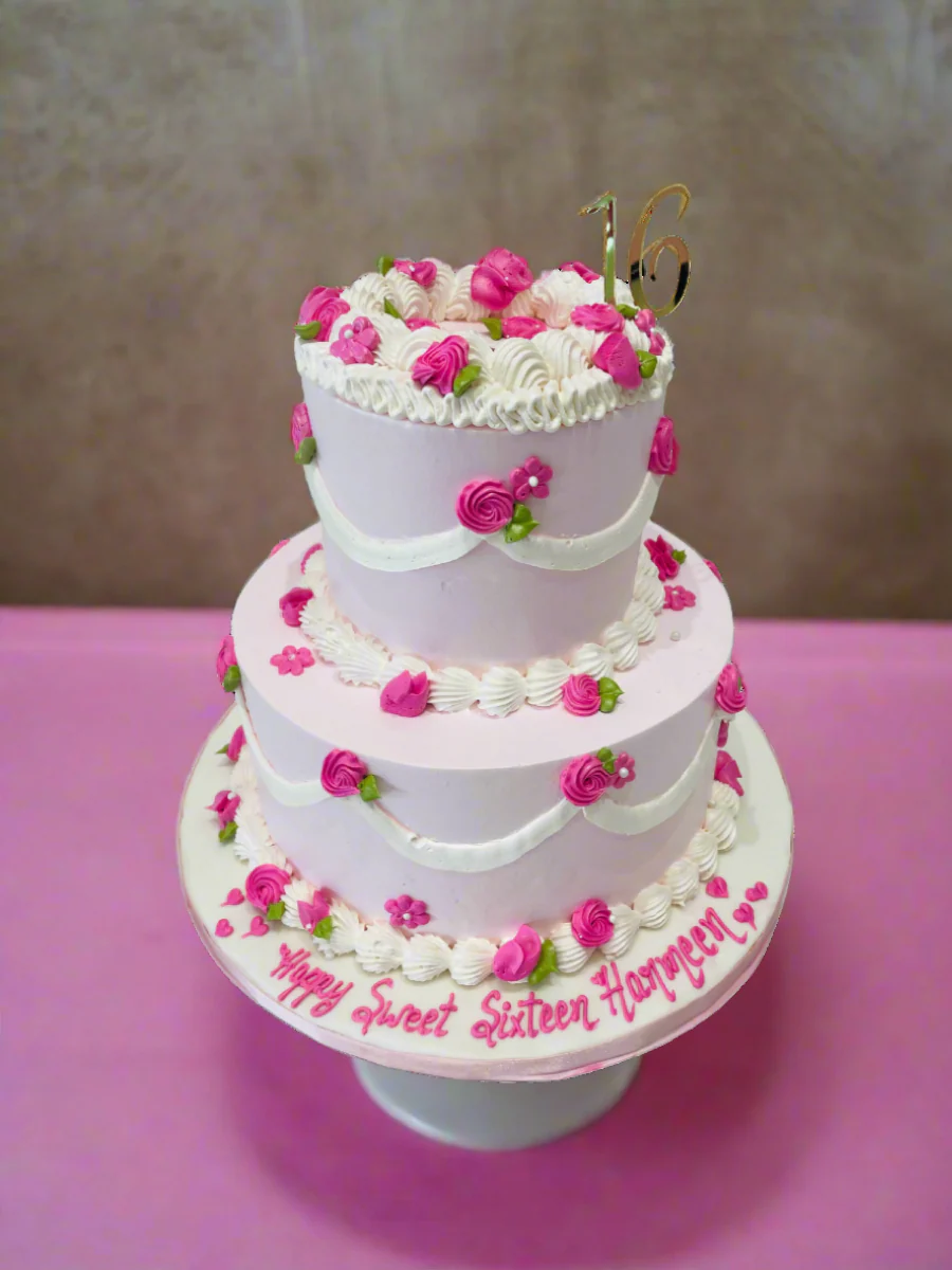 Vintage Pink Tiered Cream Cake - Image 5