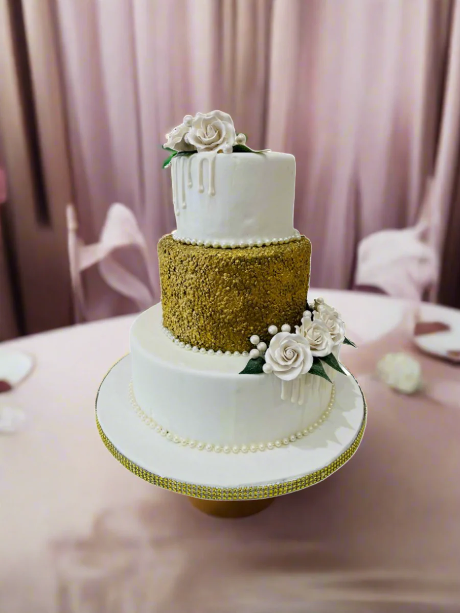 White & Gold Sequin Fondant Wedding Cake - Image 2