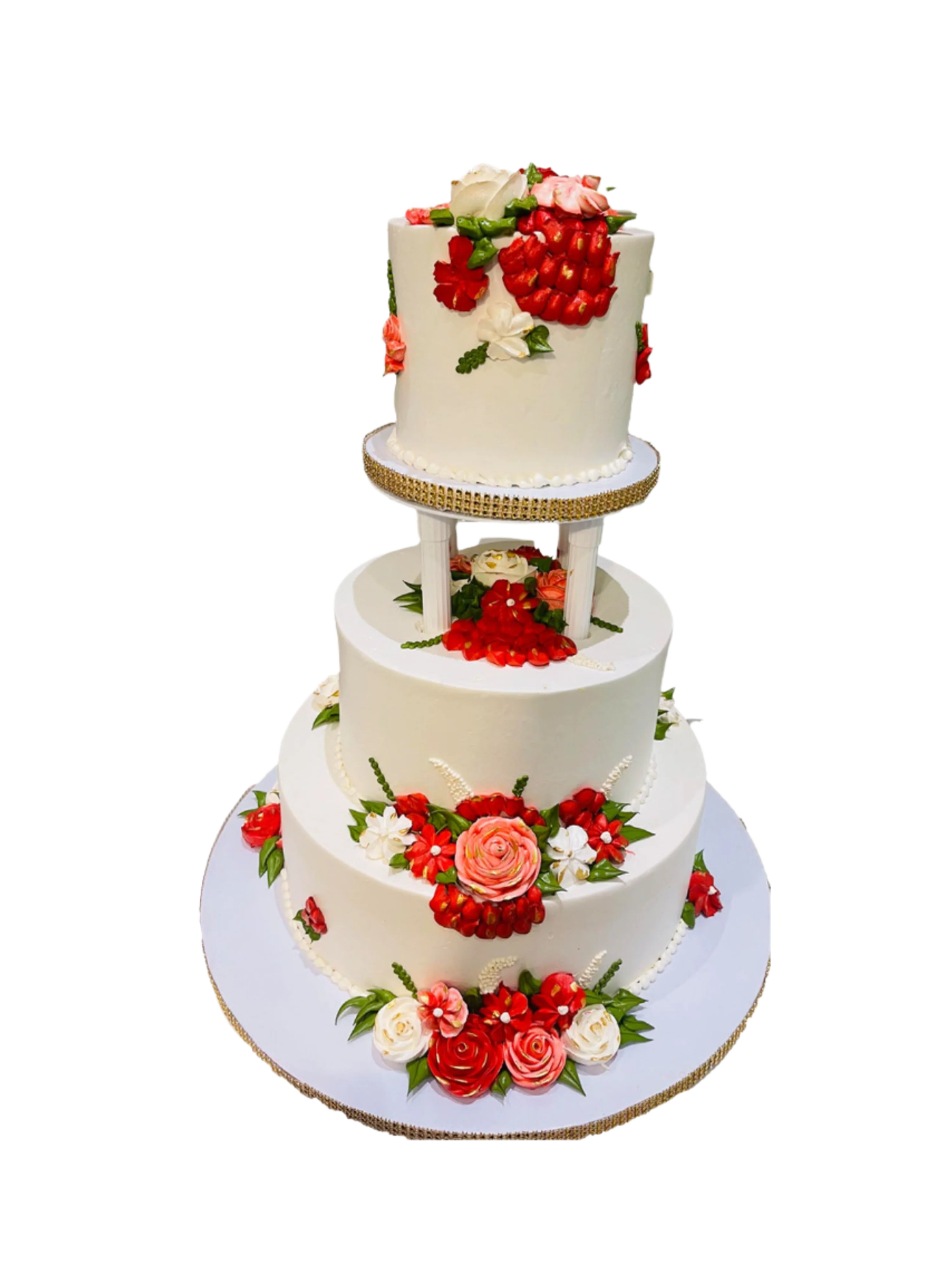 Ivory & Red Floral Wedding Cake