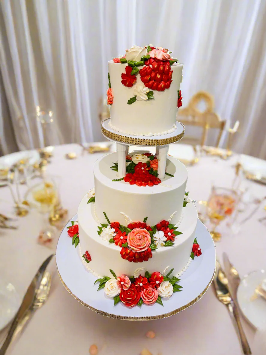 Ivory & Red Floral Wedding Cake - Image 2