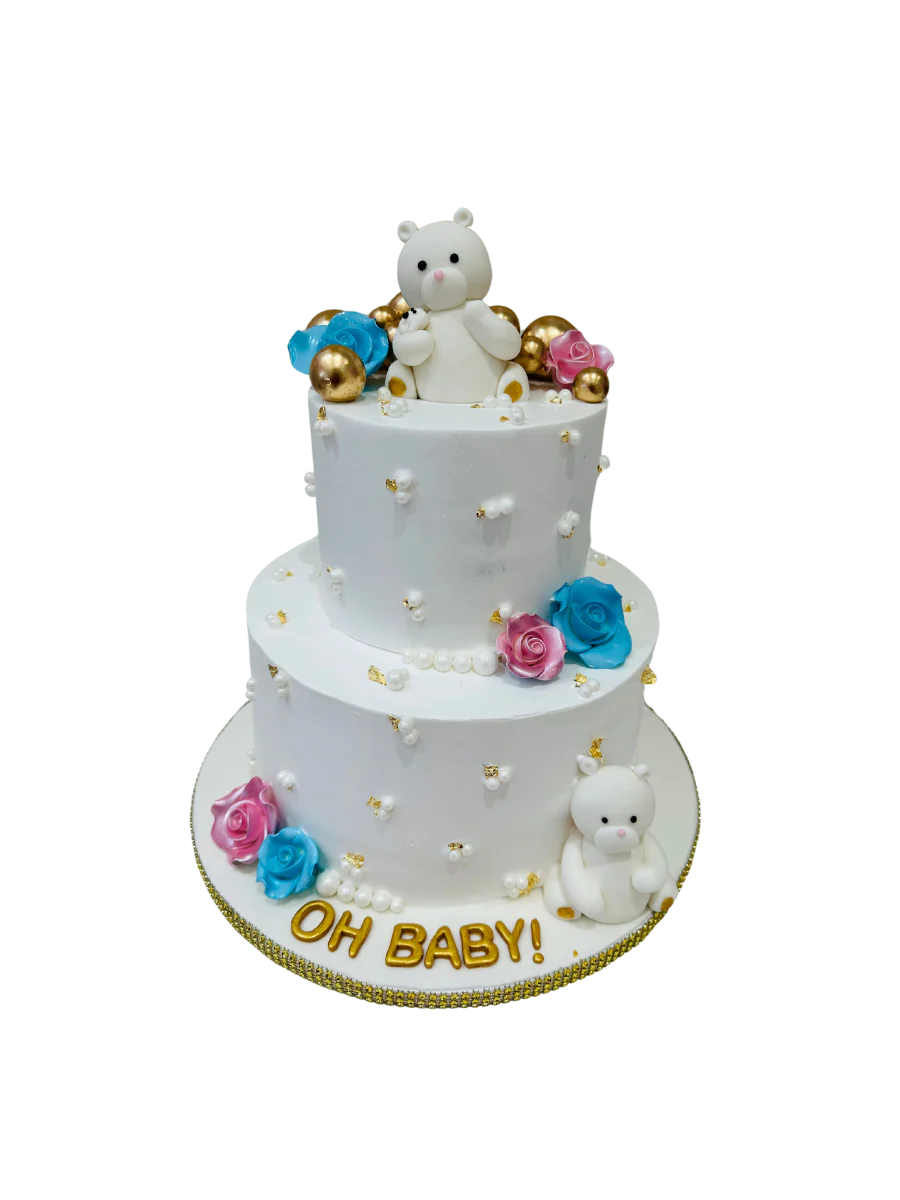 White Teddy Baby Shower Cream Cake