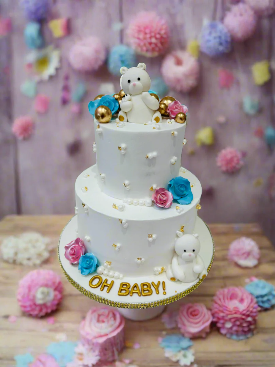 White Teddy Baby Shower Cream Cake - Image 2