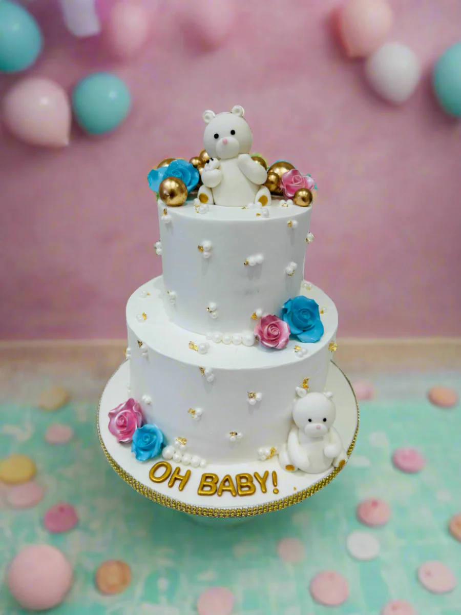 White Teddy Baby Shower Cream Cake - Image 3
