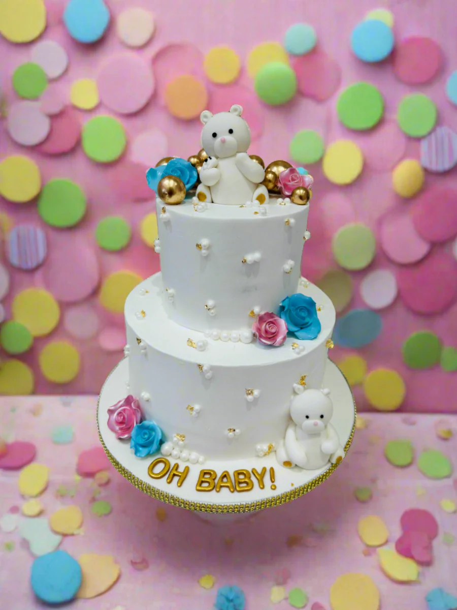 White Teddy Baby Shower Cream Cake - Image 4